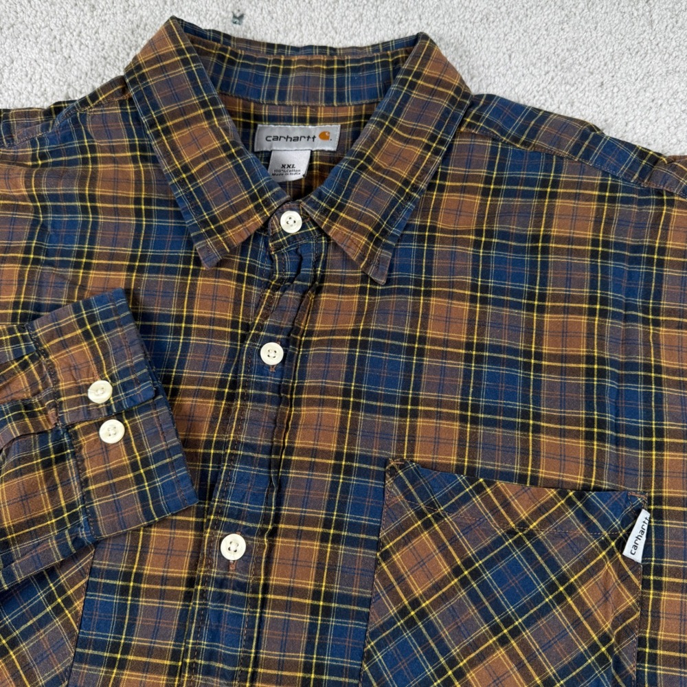 Carhartt Button Down Shirt Mens XXL Brown Blue Plaid Long Sleeve Workwear 2XL